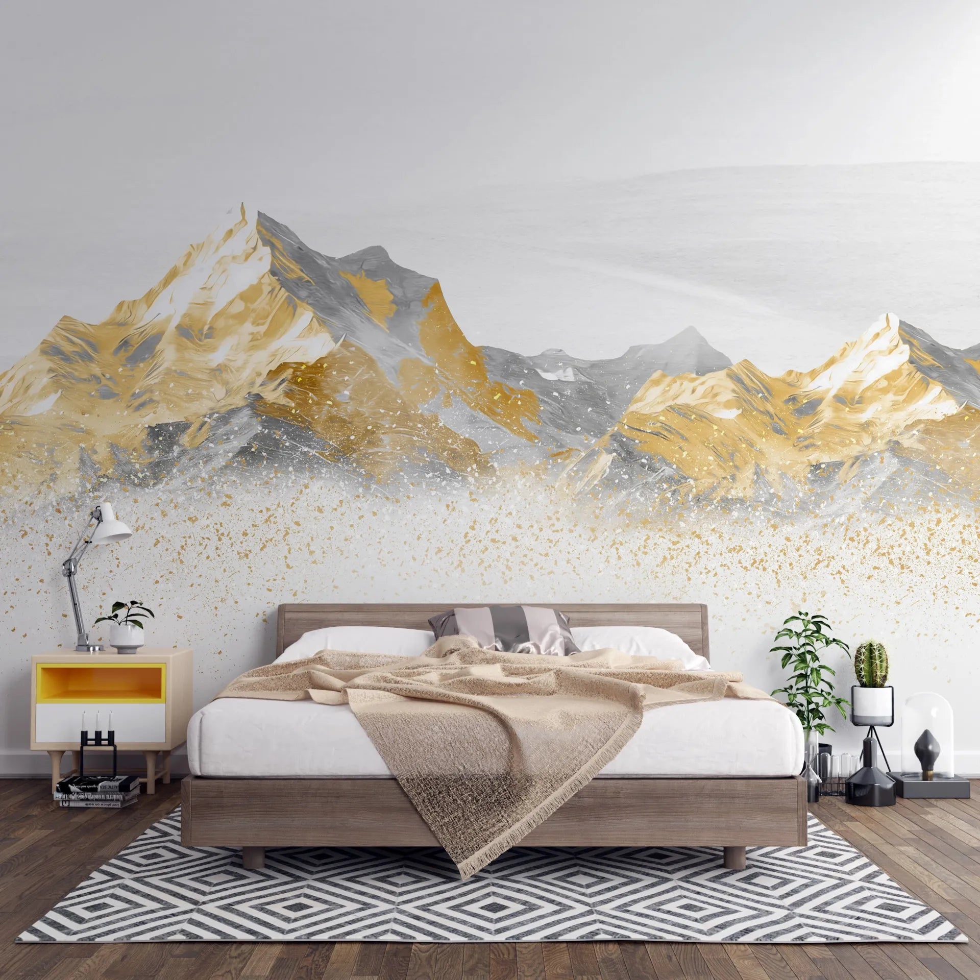 Gold and gray mountain peaks removable wallpaper on modern bedroom accent wall