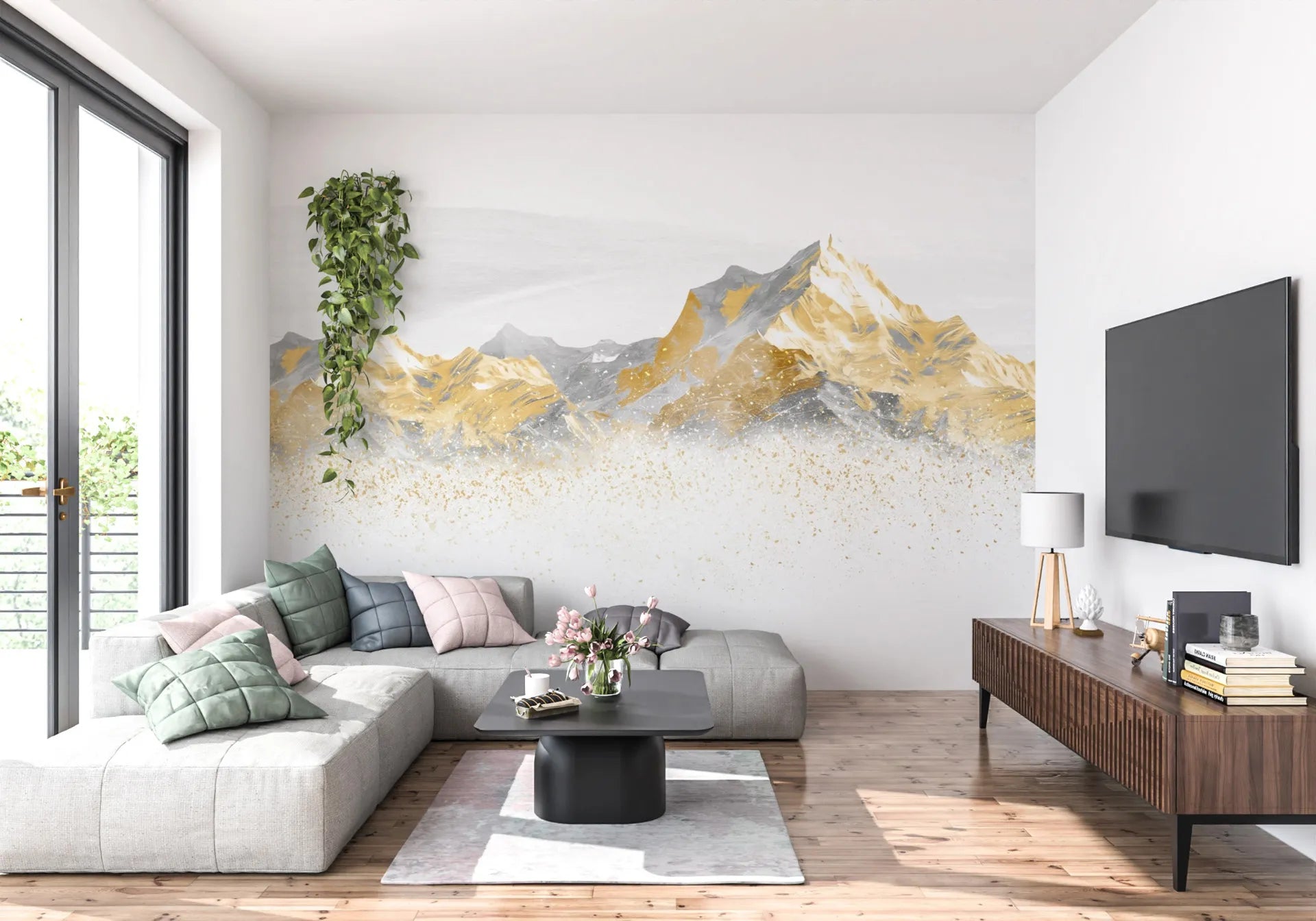 Gold Peaks removable wallpaper with watercolor mountain design on modern living room wall