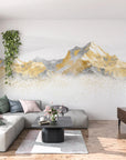 Gold Peaks removable wallpaper with watercolor mountain design on modern living room wall
