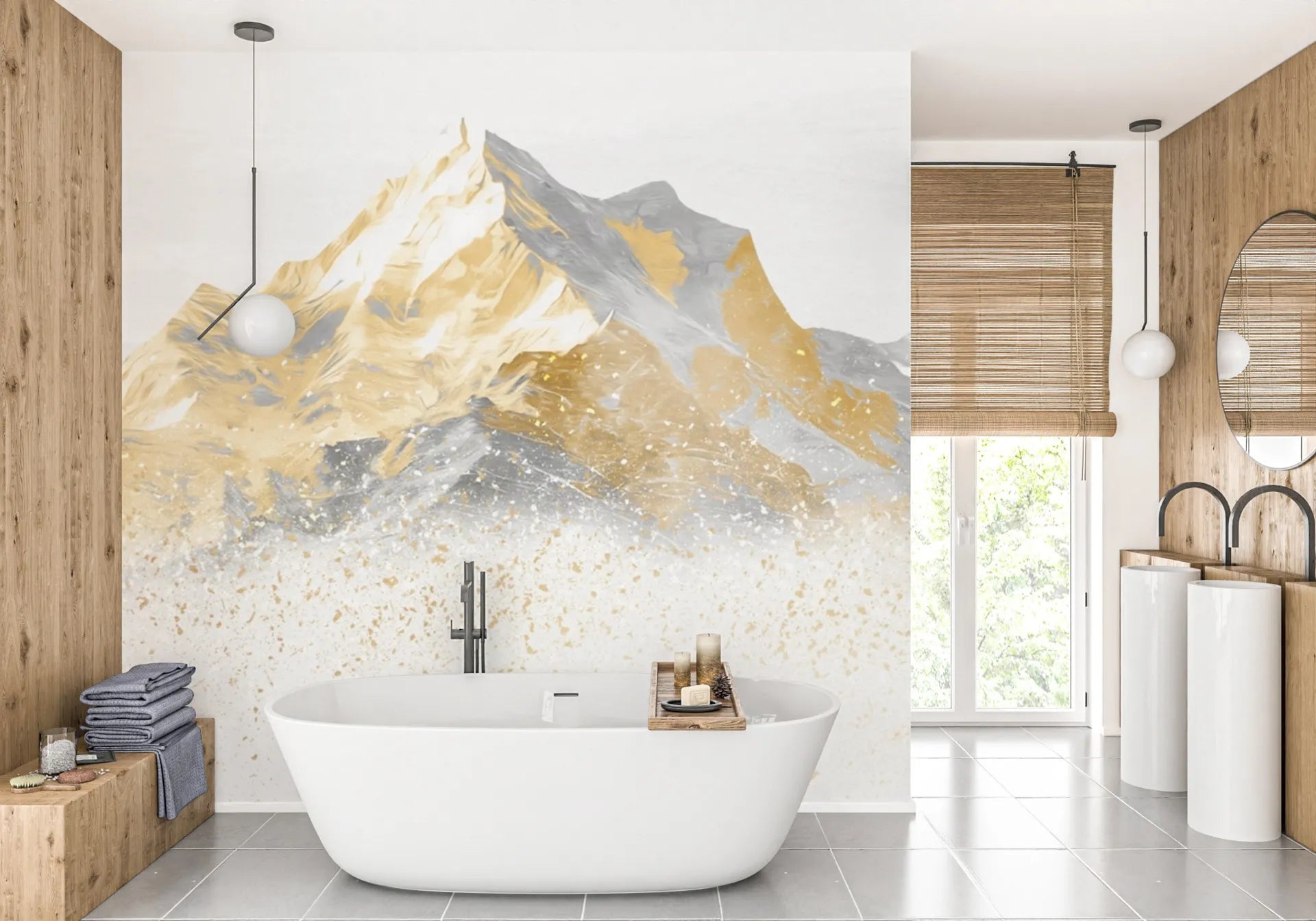 Gold and grey Gold Peaks mountain mural wallpaper in modern spa bathroom with freestanding tub