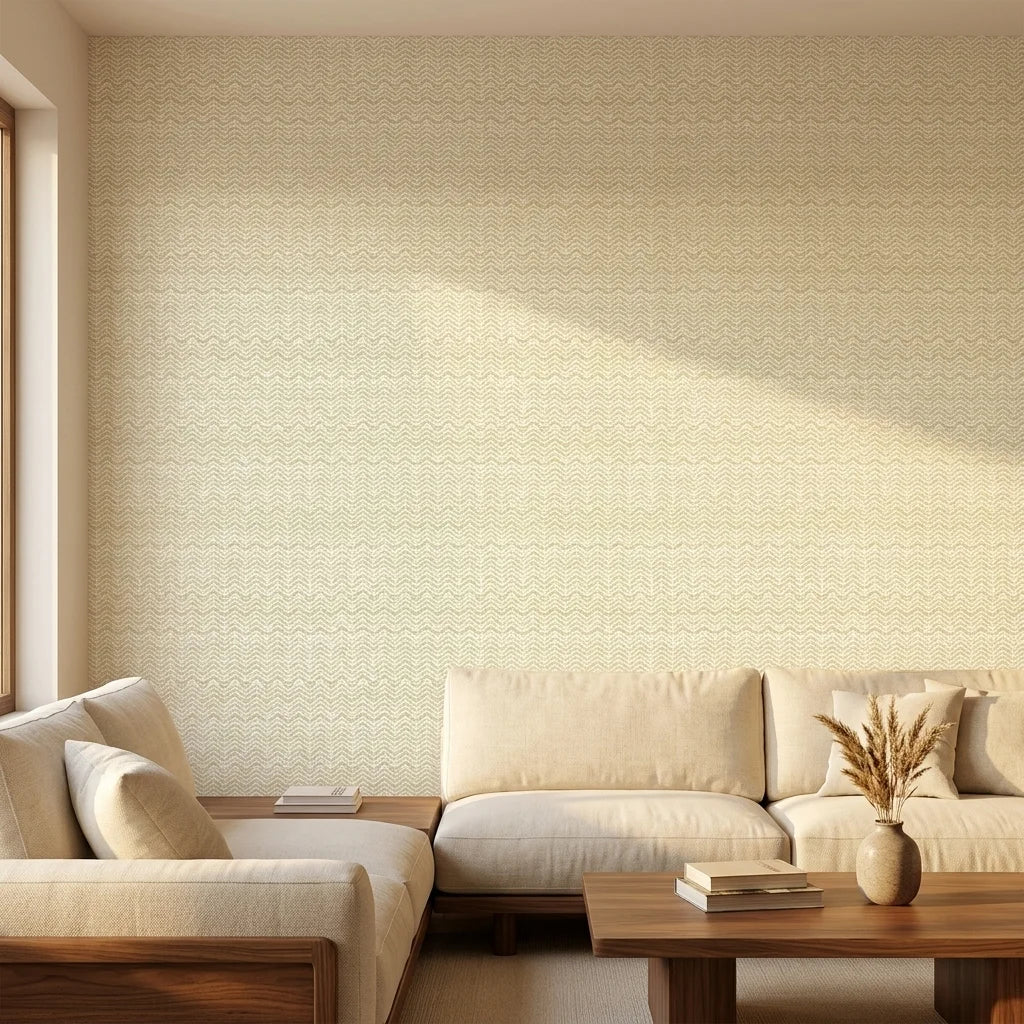 Gold Rush golden vintage chevron wallpaper in a warm and inviting living room