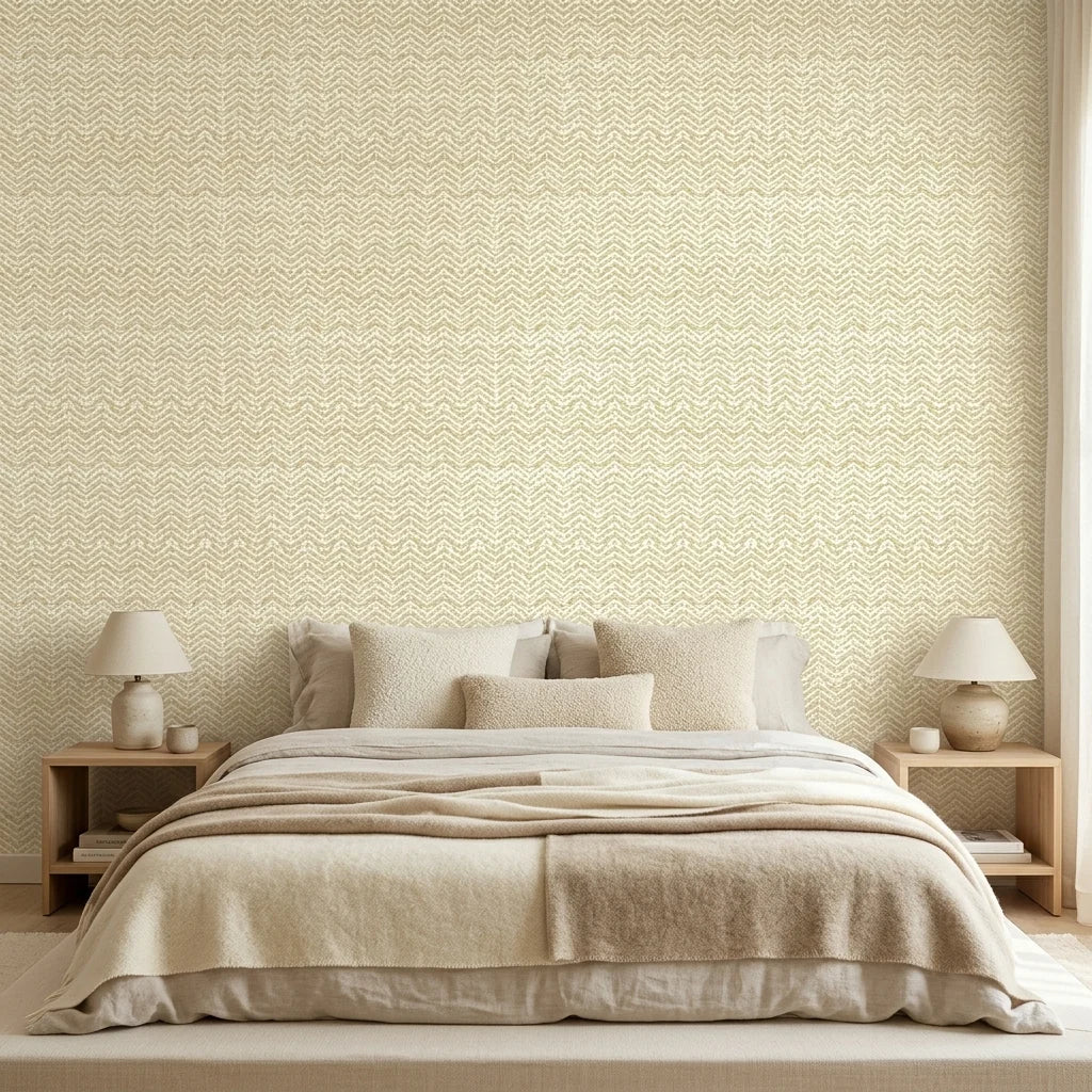 Gold Rush golden vintage chevron wallpaper adding character to a cozy bedroom