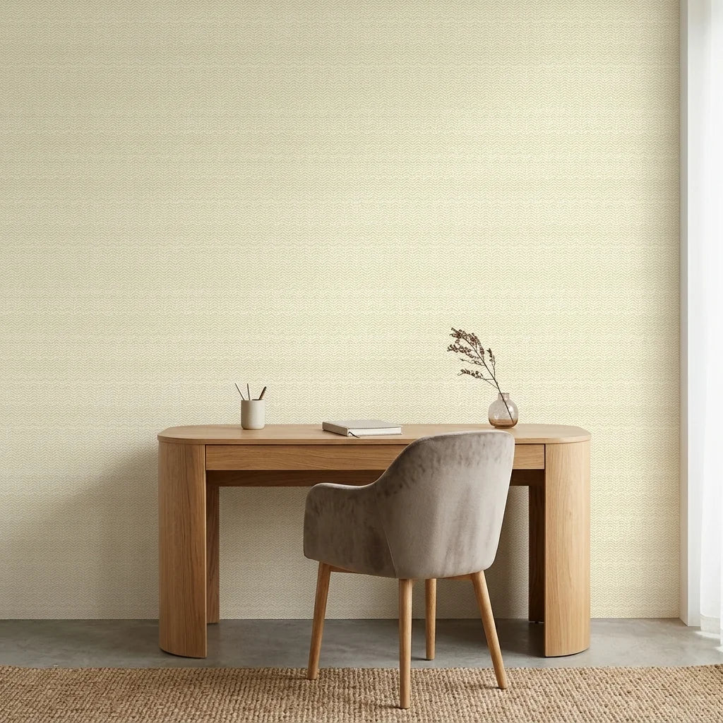 Gold Rush golden vintage chevron wallpaper as a feature wall in a bright home office