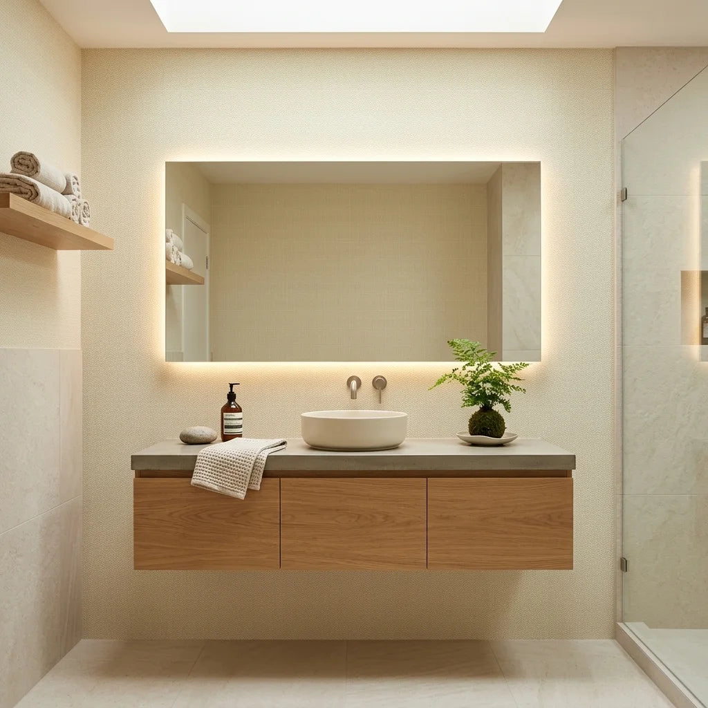 Gold Rush golden vintage chevron wallpaper creating ambiance in a serene bathroom