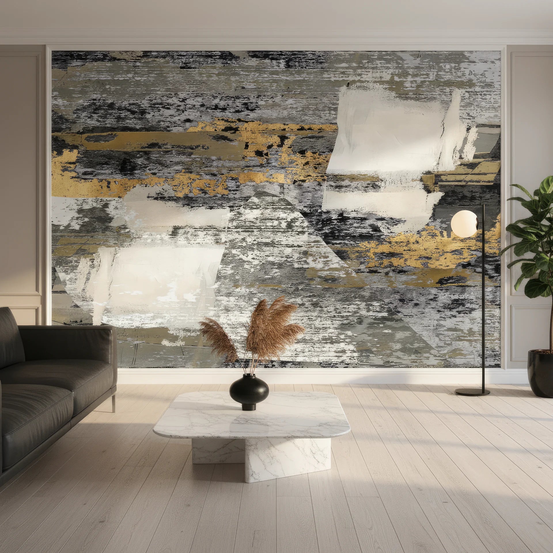 Charcoal and gold peel and stick wallpaper with metallic details