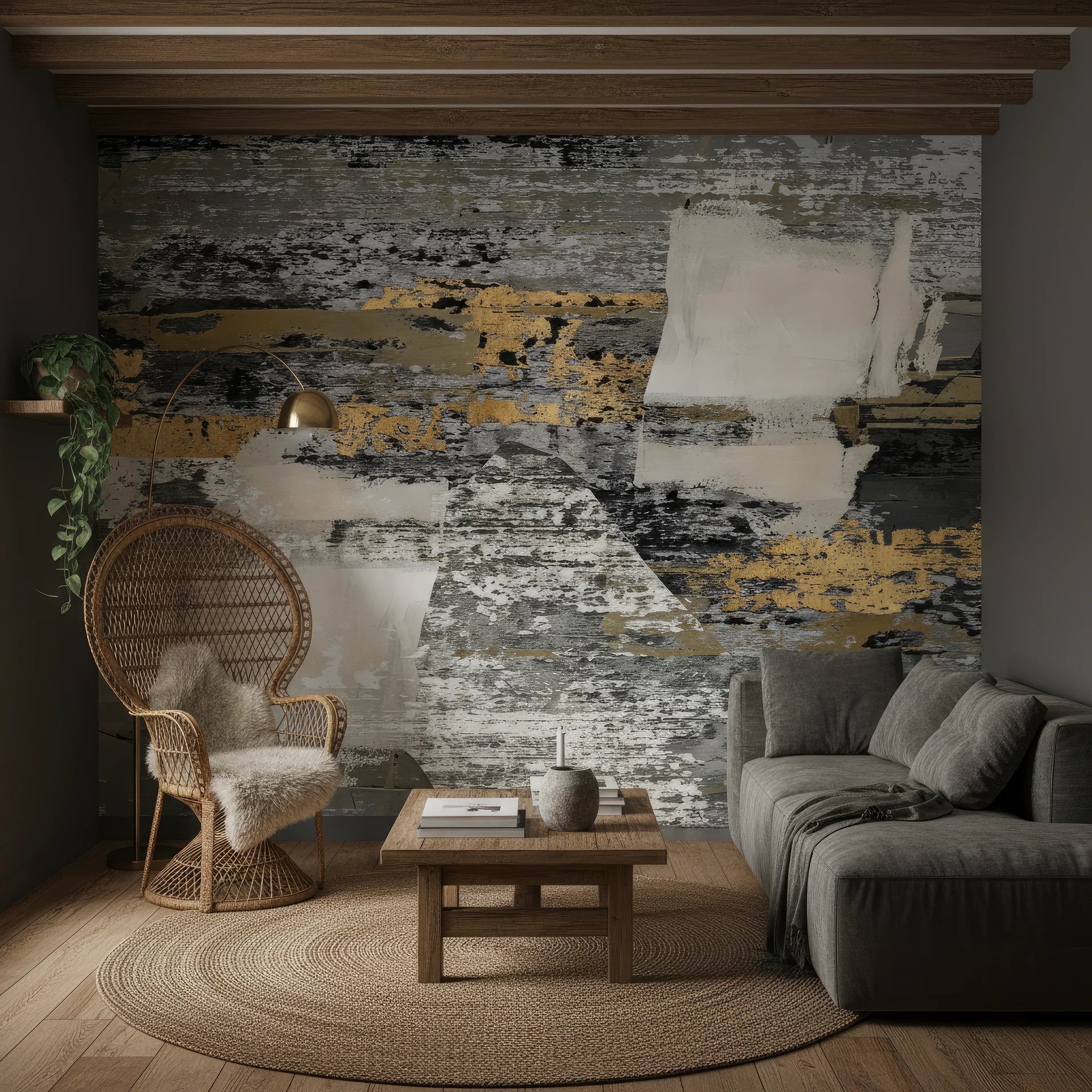 Textured wallpaper featuring dark charcoal with golden accents