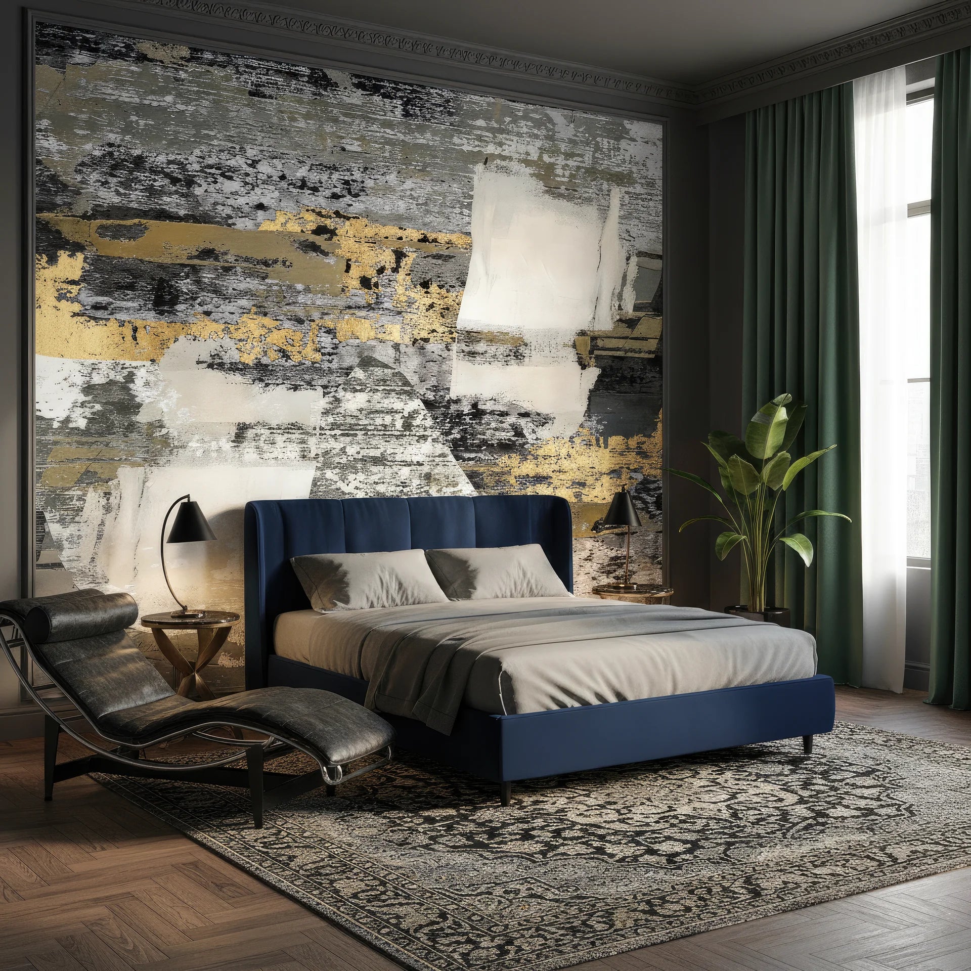 Sophisticated grey and gold wallpaper sample with refined elegance