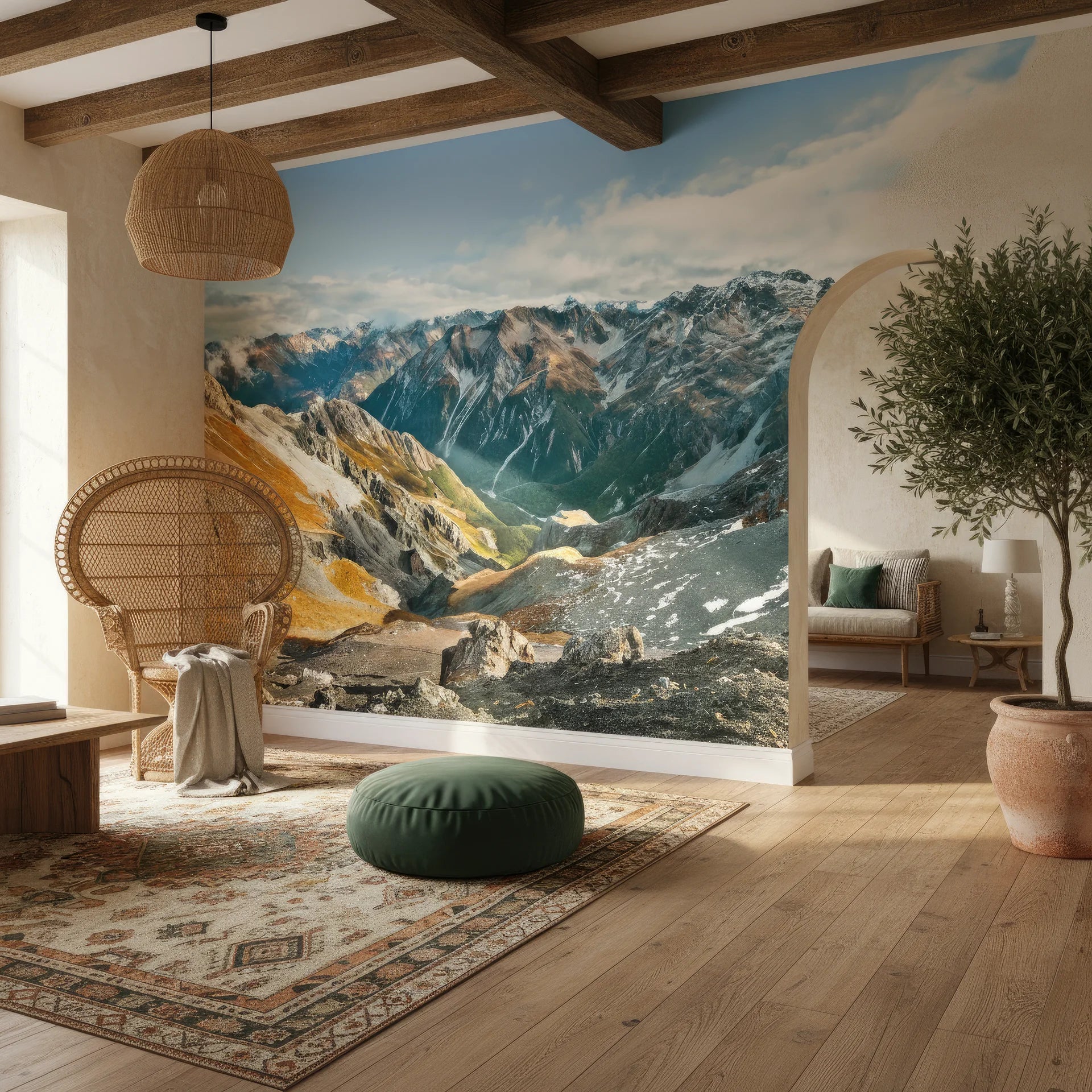 Golden sunlit mountain passage with warm tones removable wallpaper