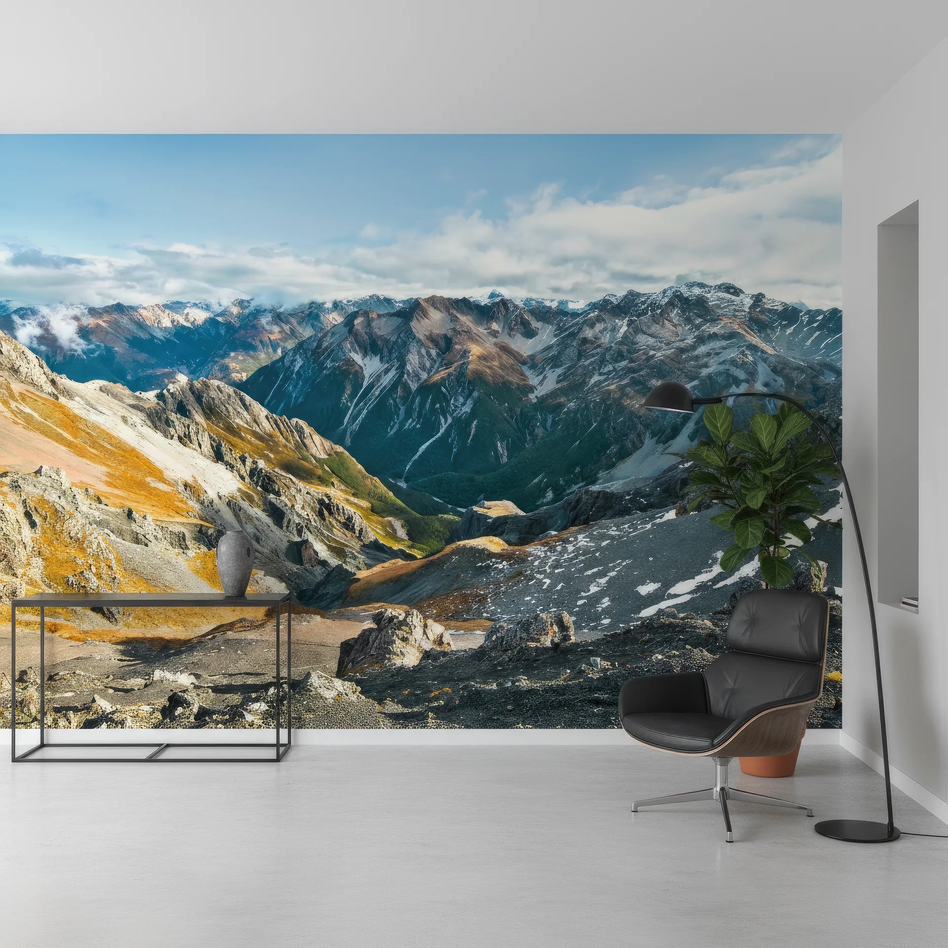 Alpine pathway bathed in golden light with mountain vistas peel and stick