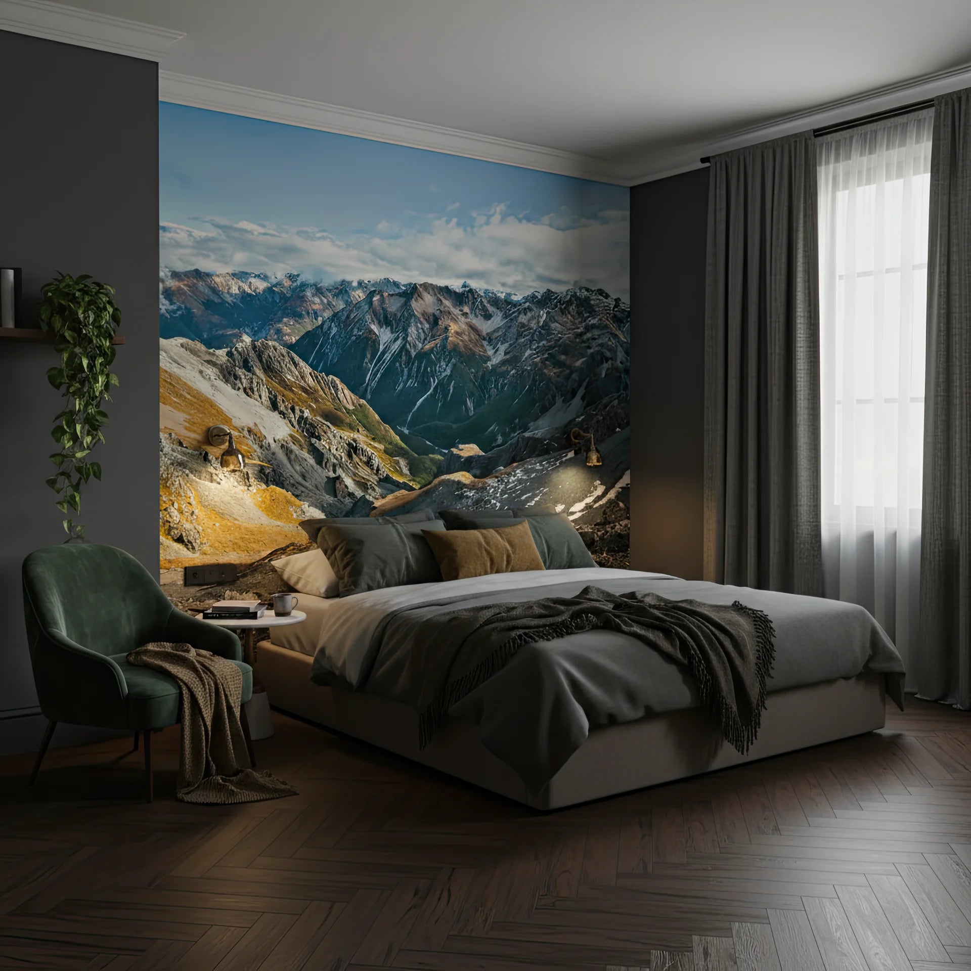 Warm golden hour illuminating mountain passage and terrain removable wall mural