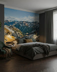 Warm golden hour illuminating mountain passage and terrain removable wall mural