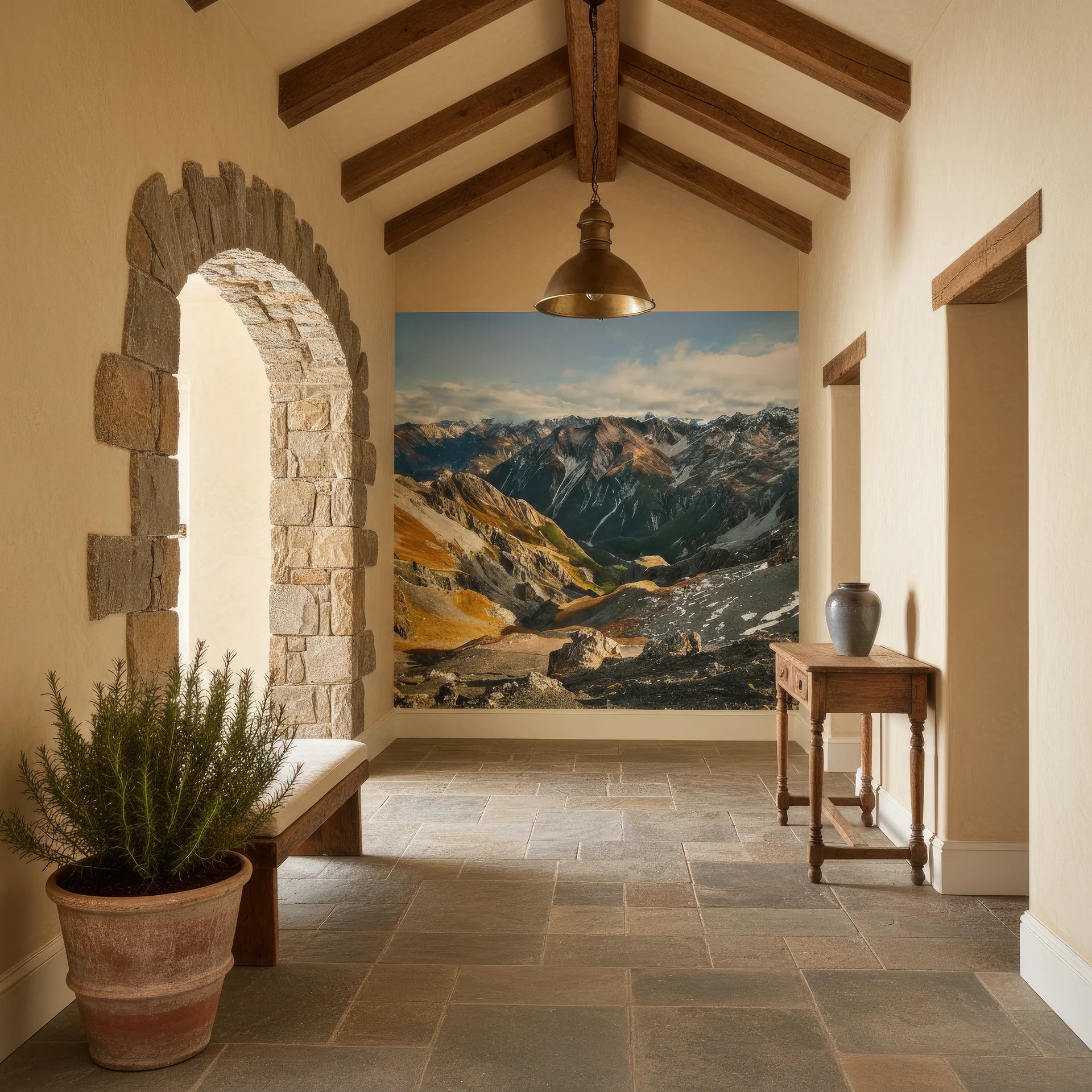 High altitude golden landscape showing passage through peaks peel and stick wallpaper