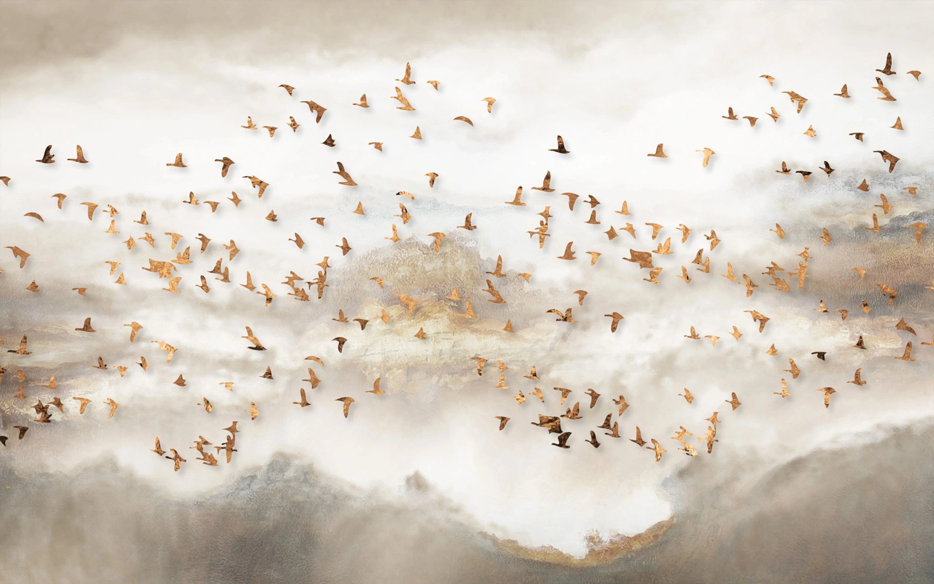 Ethereal Golden Birds wallpaper with flock soaring through soft clouds and misty mountain landscape