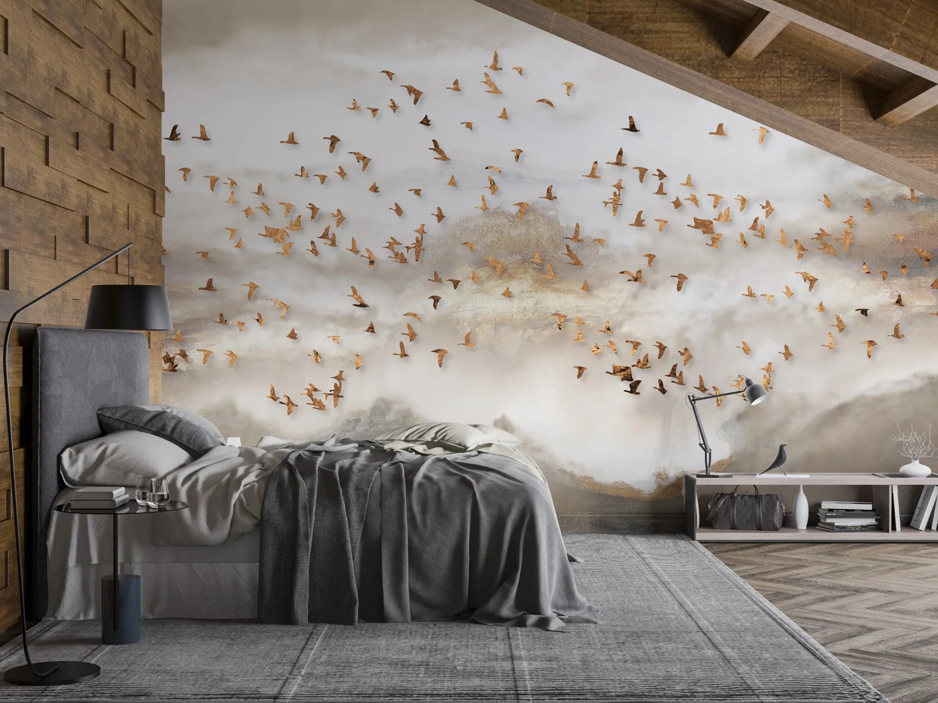 Golden Birds wallpaper mural with flying flock over misty landscape in modern bedroom setting
