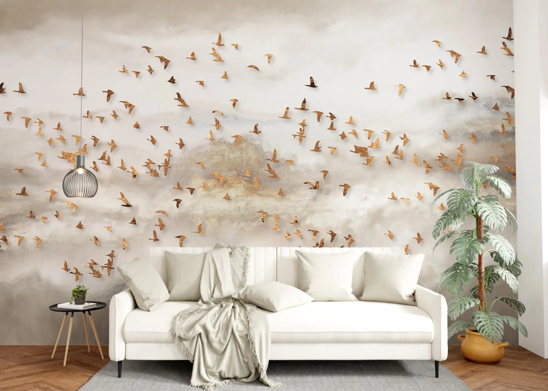 Golden Birds wallpaper with bronze flock in misty clouds on modern living room wall