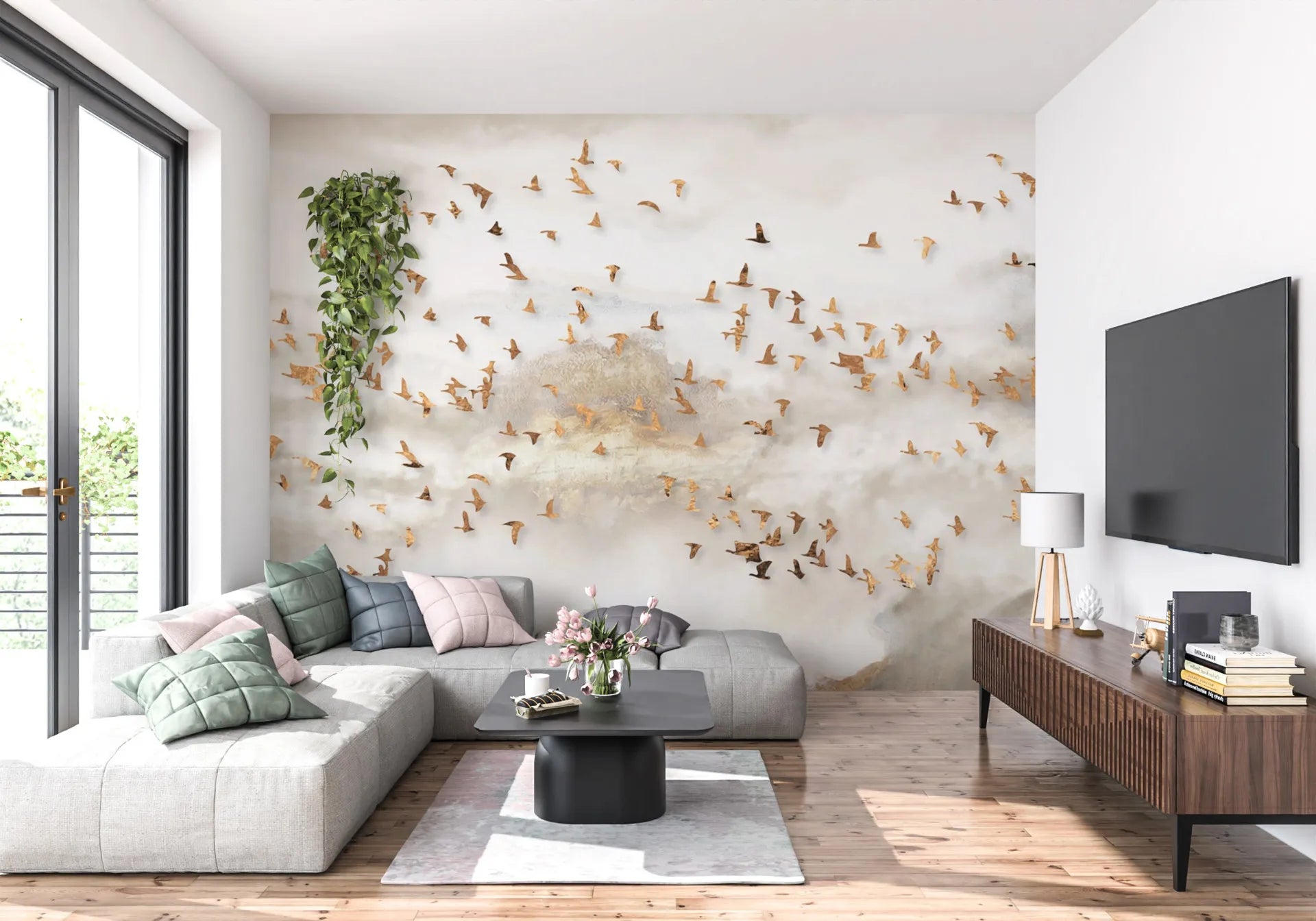 Golden Birds removable wallpaper on living room accent wall with soft clouds and flying bird motifs