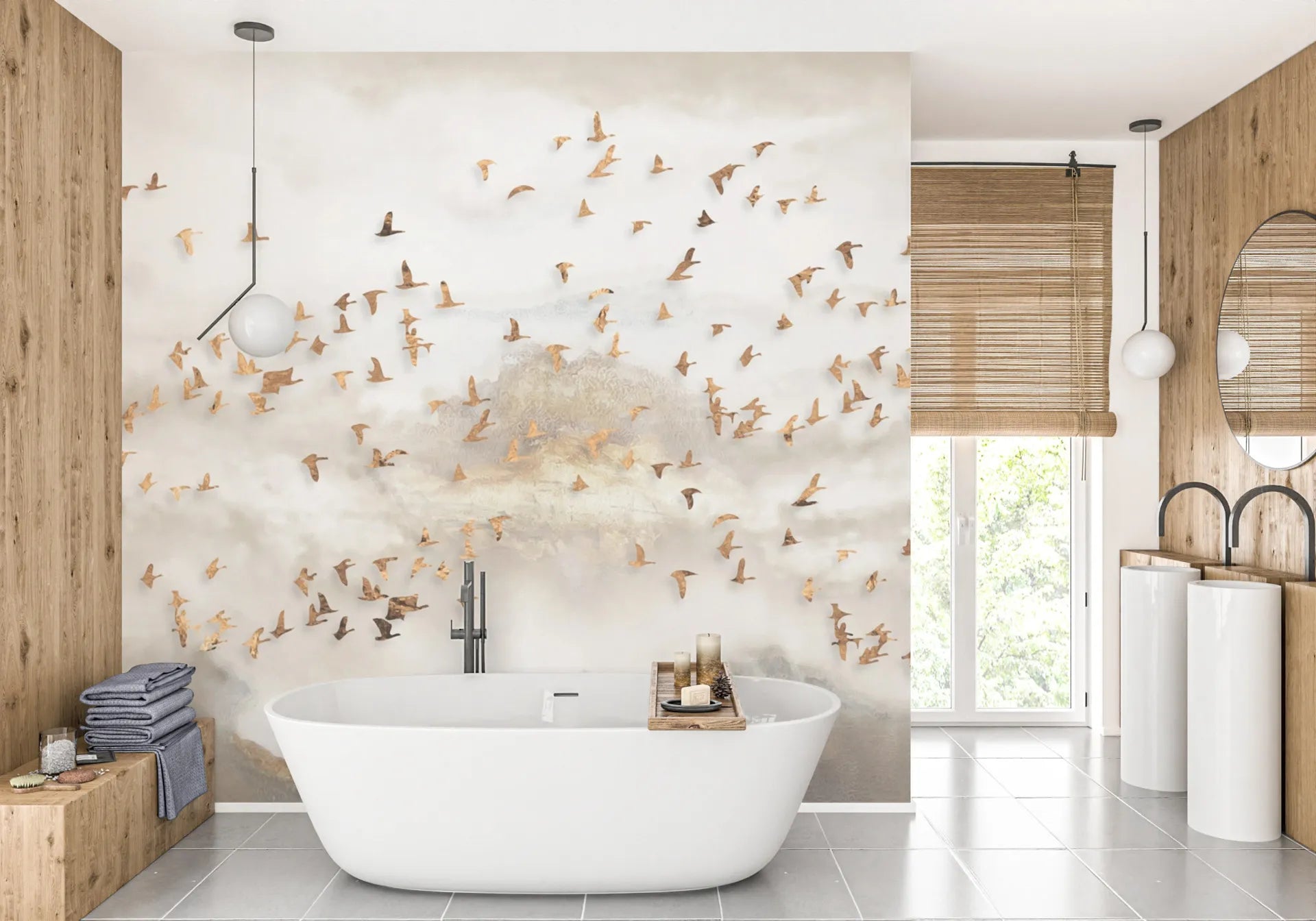 Golden Birds wallpaper with amber bird flock on cloudy sky backdrop in modern bathroom setting