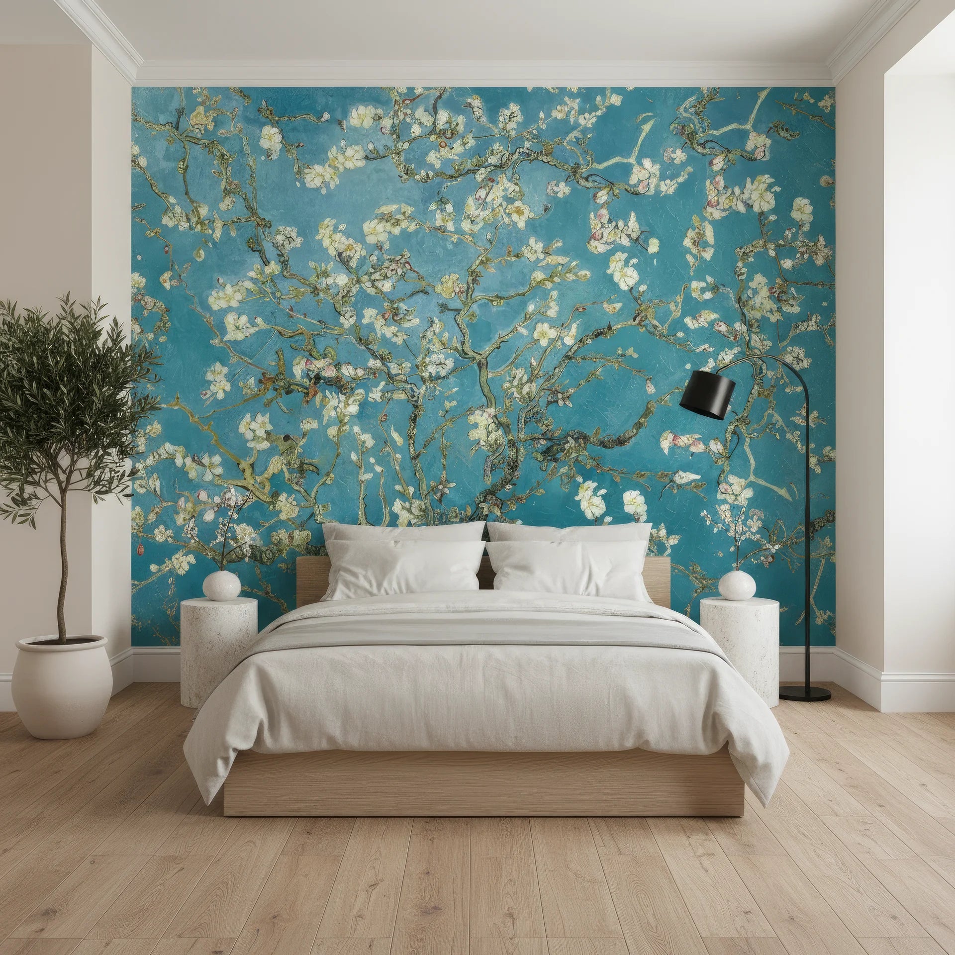 Teal and gold Golden Blossoms wallpaper with almond branches on modern bedroom accent wall