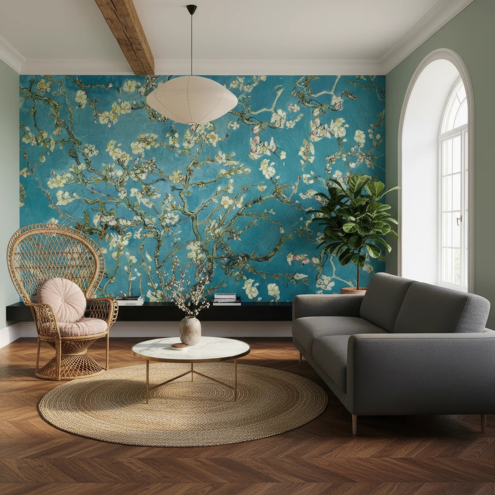 Turquoise and cream Golden Blossoms wallpaper featuring Van Gogh-inspired almond branches in modern living room