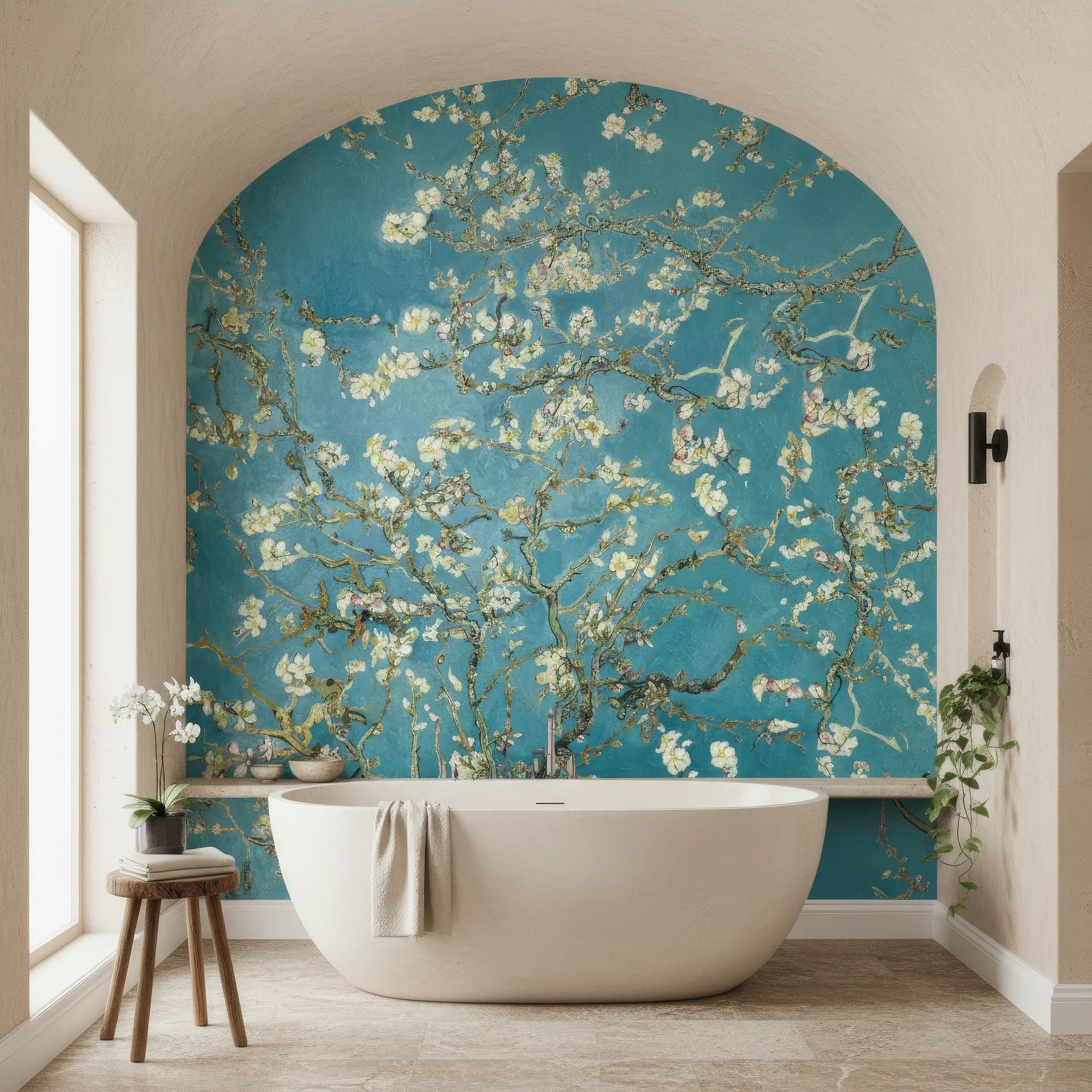Golden Blossoms removable wallpaper with blue background and white flowering branches in arched bathroom alcove