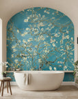 Golden Blossoms removable wallpaper with blue background and white flowering branches in arched bathroom alcove