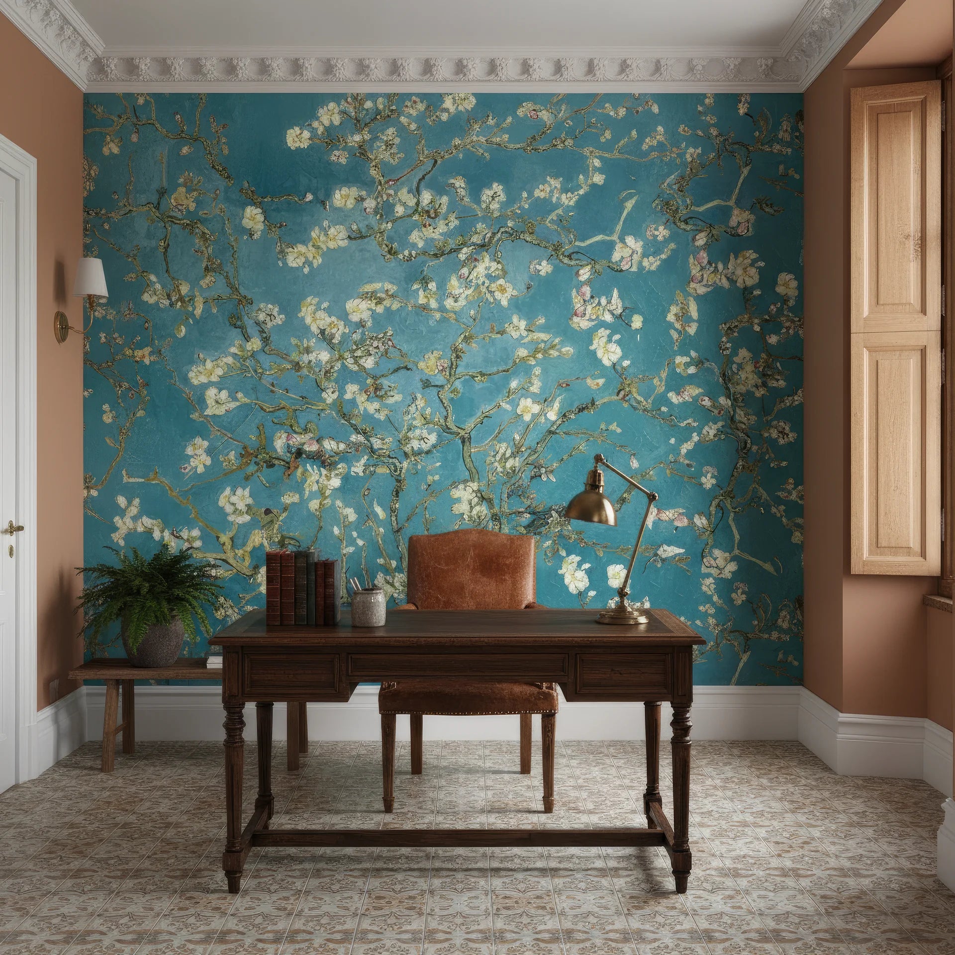 Teal and cream Golden Blossoms peel and stick wallpaper featuring almond tree branches in elegant home office