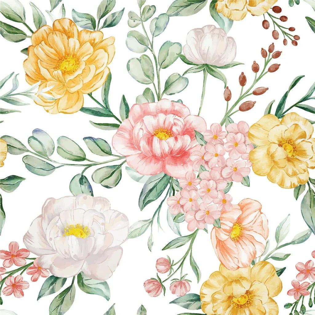 Golden Blush yellow and pink watercolor peony floral wallpaper