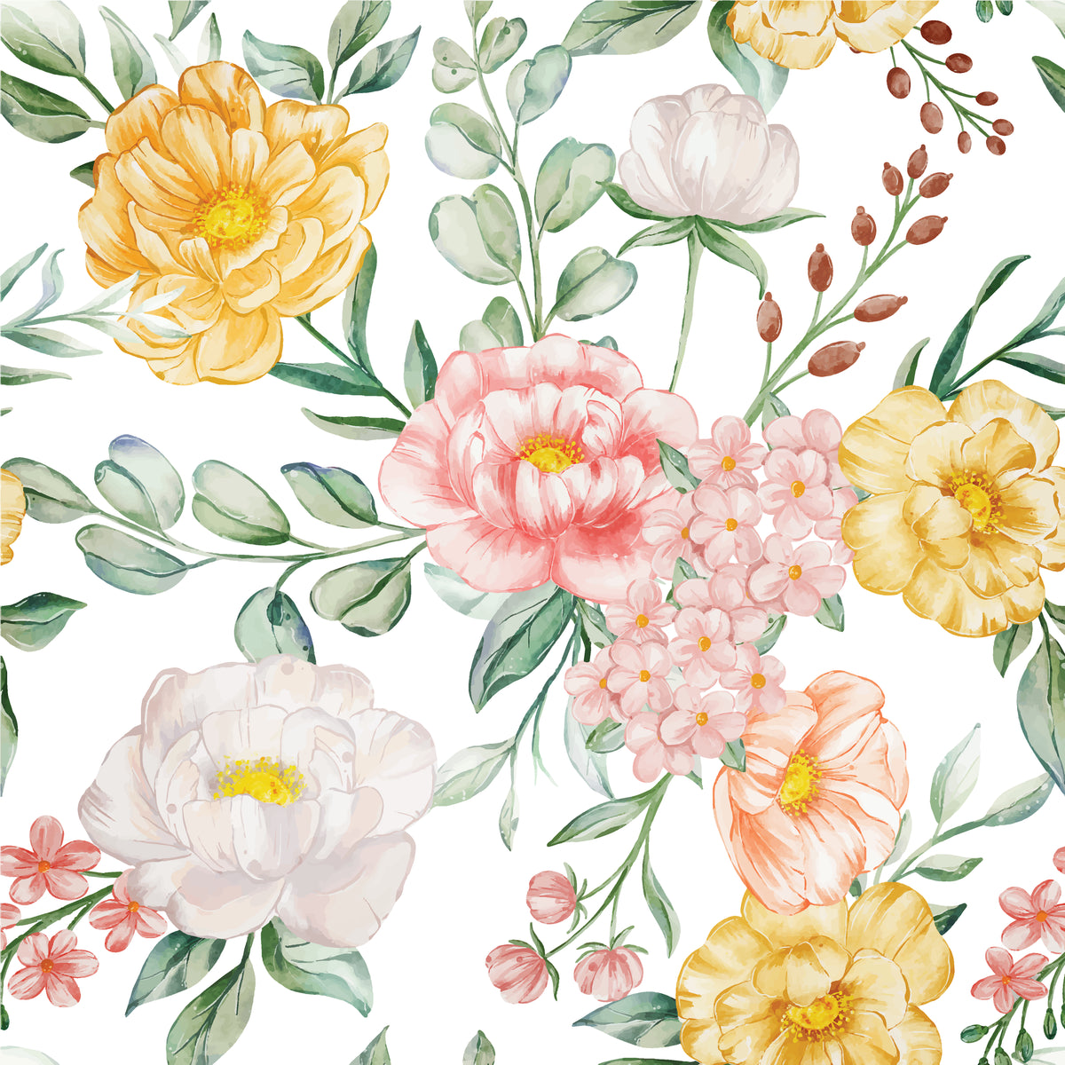 Golden Blush yellow and pink watercolor peony floral wallpaper