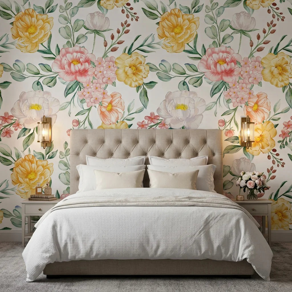 Golden Blush yellow and pink watercolor peony floral wallpaper adding character to a cozy bedroom