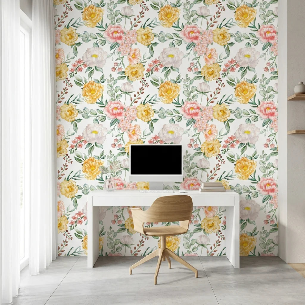 Golden Blush yellow and pink watercolor peony floral wallpaper as a feature wall in a bright home office