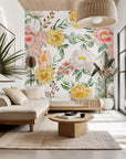 Self-adhesive pink and yellow floral wallpaper (Golden Blush) in a watercolor style.