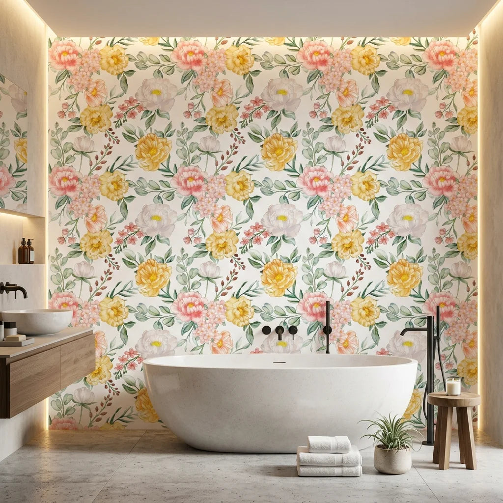 Golden Blush yellow and pink watercolor peony floral wallpaper creating ambiance in a serene bathroom