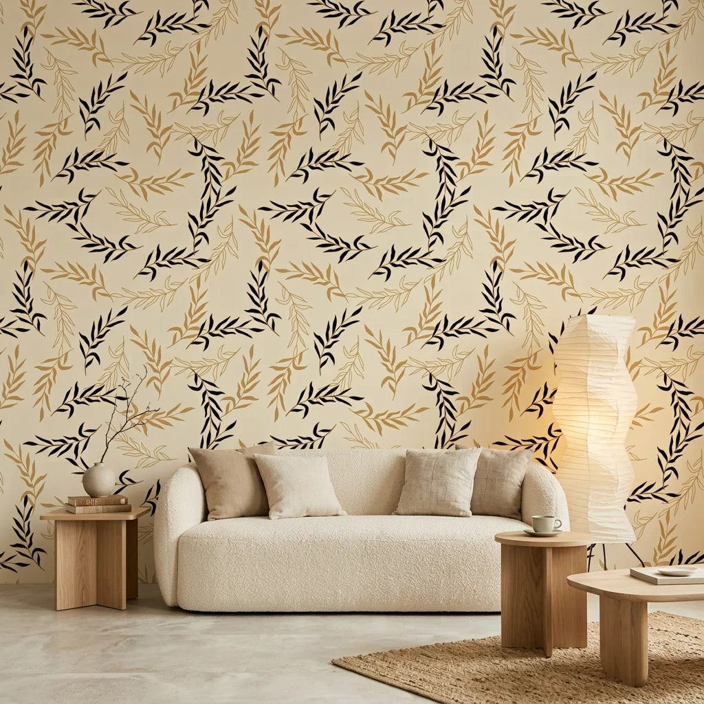 Golden Boughs elegant gold leaf wallpaper in a warm and inviting living room