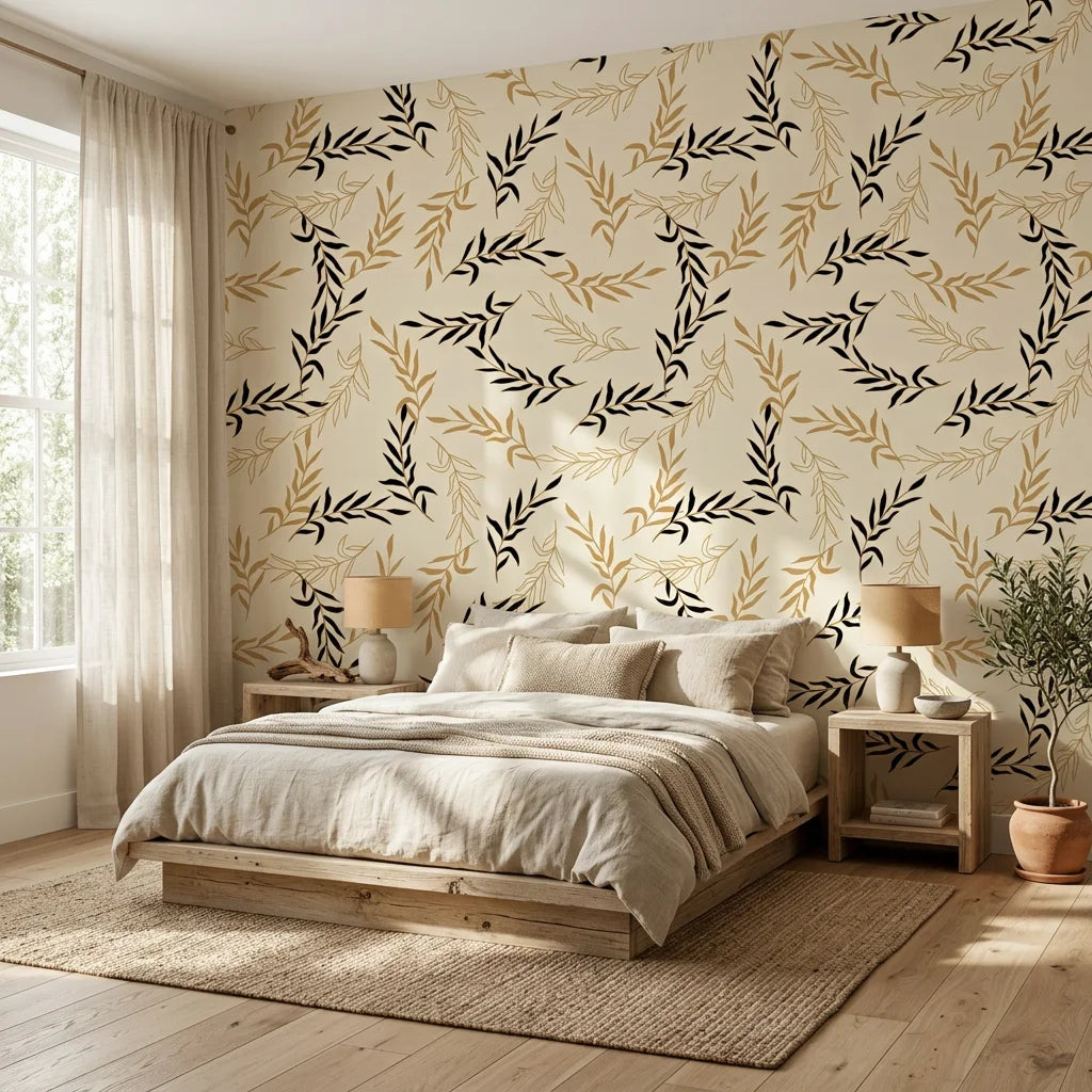 Golden Boughs elegant gold leaf wallpaper adding character to a cozy bedroom