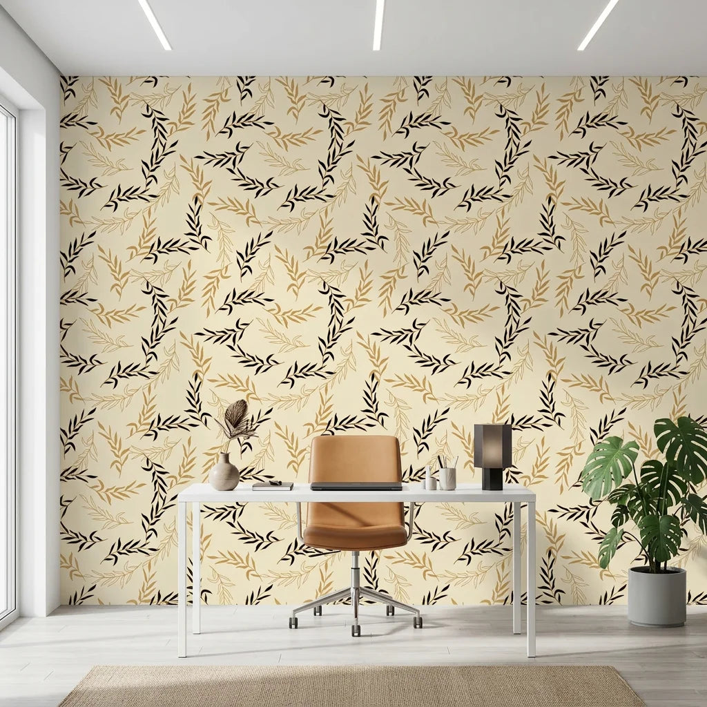 Golden Boughs elegant gold leaf wallpaper as a feature wall in a bright home office