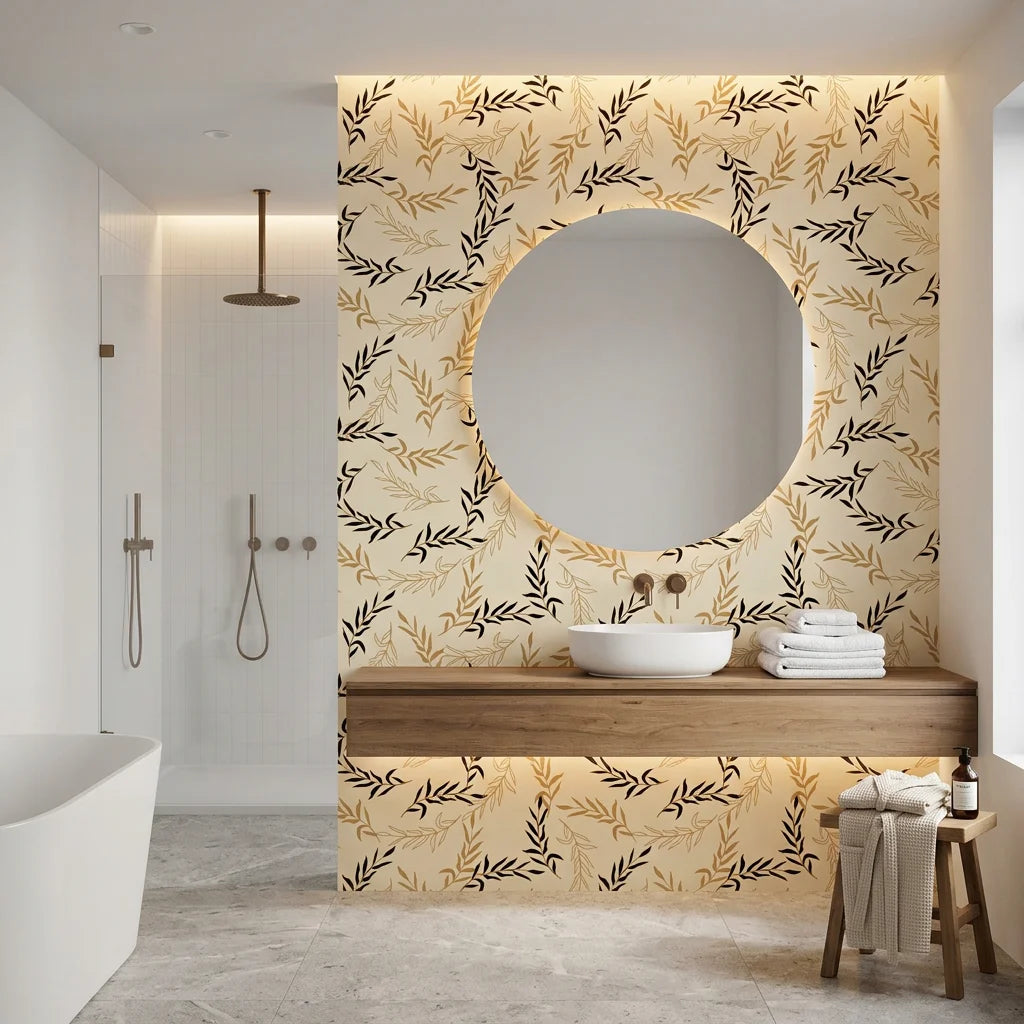 Golden Boughs elegant gold leaf wallpaper creating ambiance in a serene bathroom