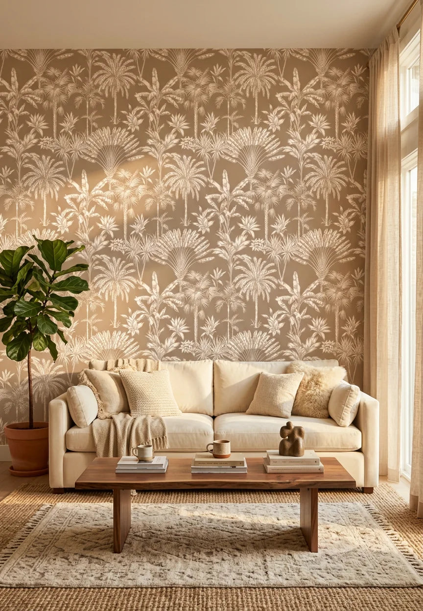 Golden Canopy yellow tree wallpaper in a warm and inviting living room