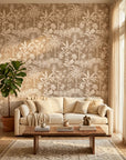 Golden Canopy yellow tree wallpaper in a warm and inviting living room