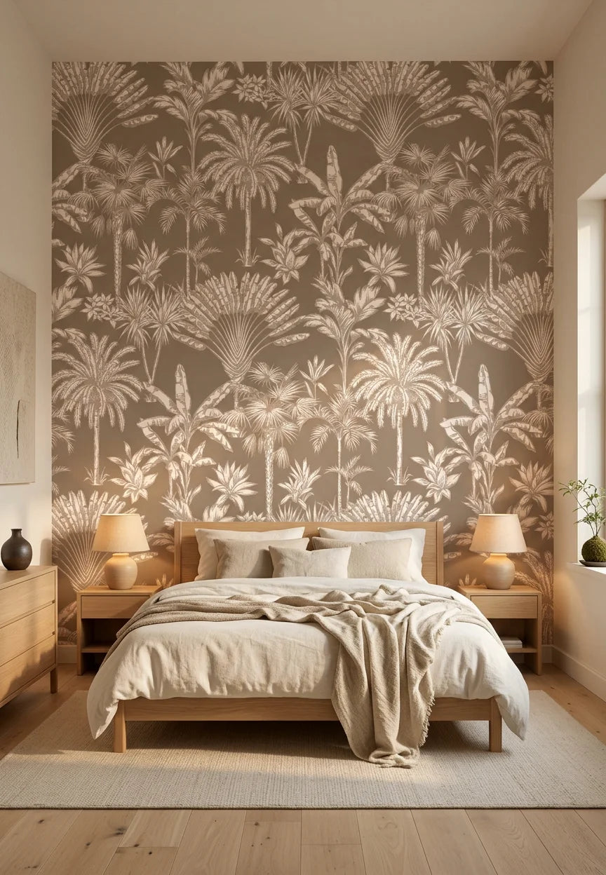 Golden Canopy yellow tree wallpaper adding character to a cozy bedroom