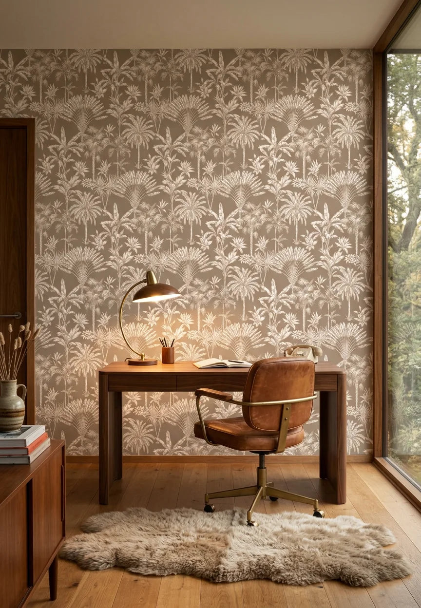 Golden Canopy yellow tree wallpaper as a feature wall in a bright home office