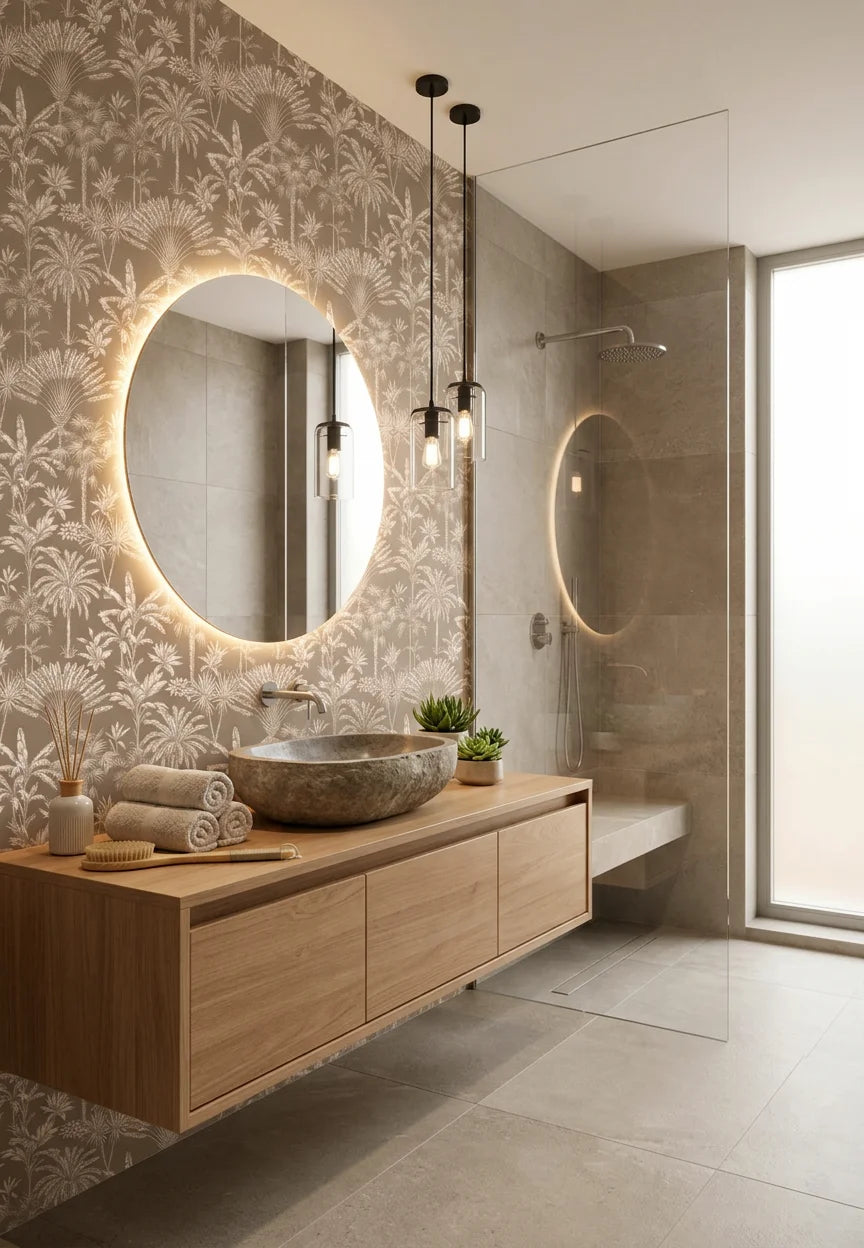 Golden Canopy yellow tree wallpaper creating ambiance in a serene bathroom