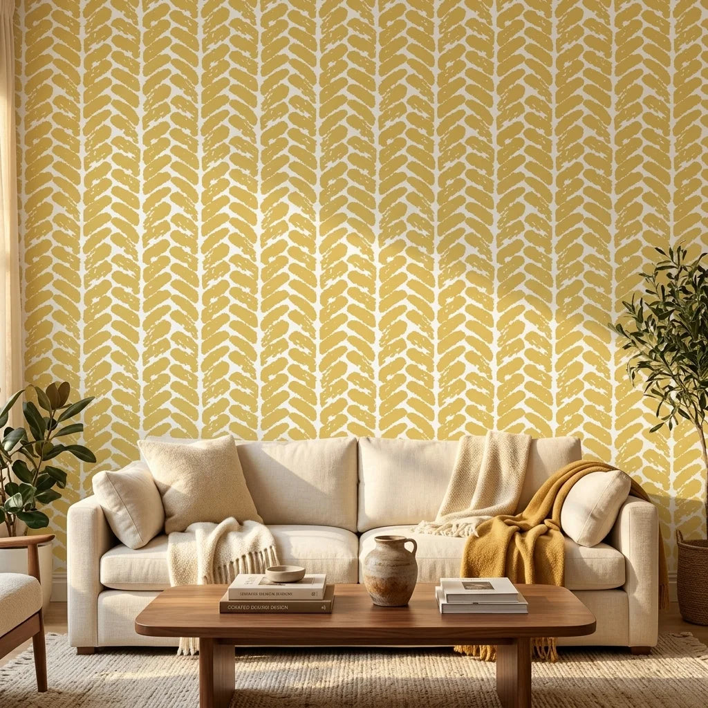Golden Coral mustard geometric peel and stick wallpaper in a warm and inviting living room