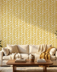 Golden Coral mustard geometric peel and stick wallpaper in a warm and inviting living room