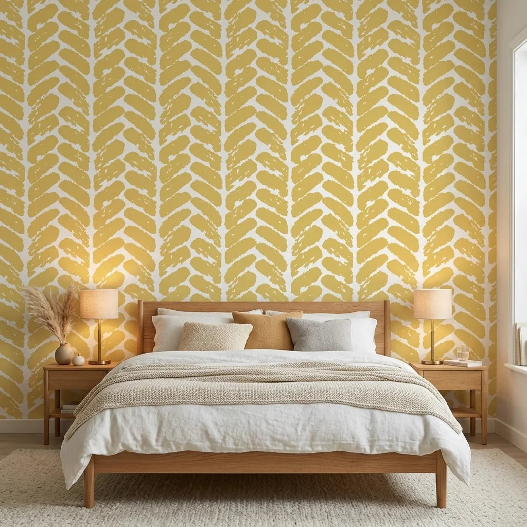 Golden Coral mustard geometric peel and stick wallpaper adding character to a cozy bedroom