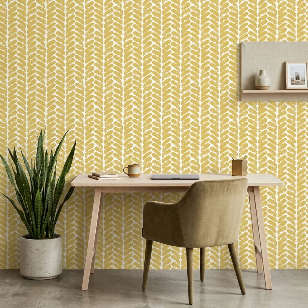 Golden Coral mustard geometric peel and stick wallpaper as a feature wall in a bright home office