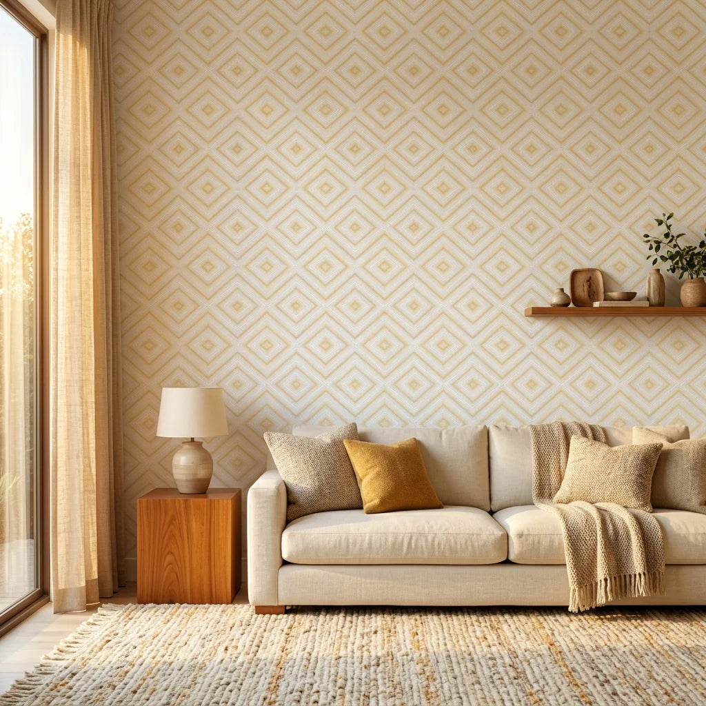Cream and gold geometric diamond pattern Golden Echo wallpaper in modern living room with natural light
