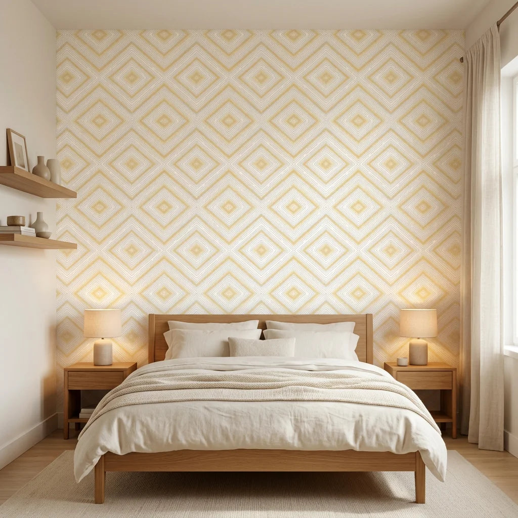 Cream and gold Golden Echo geometric diamond wallpaper on bedroom accent wall with warm natural lighting