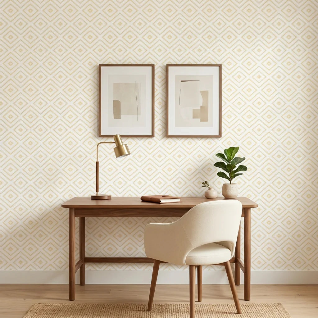 Golden Echo removable wallpaper with cream and gold geometric diamond pattern in modern home office setting