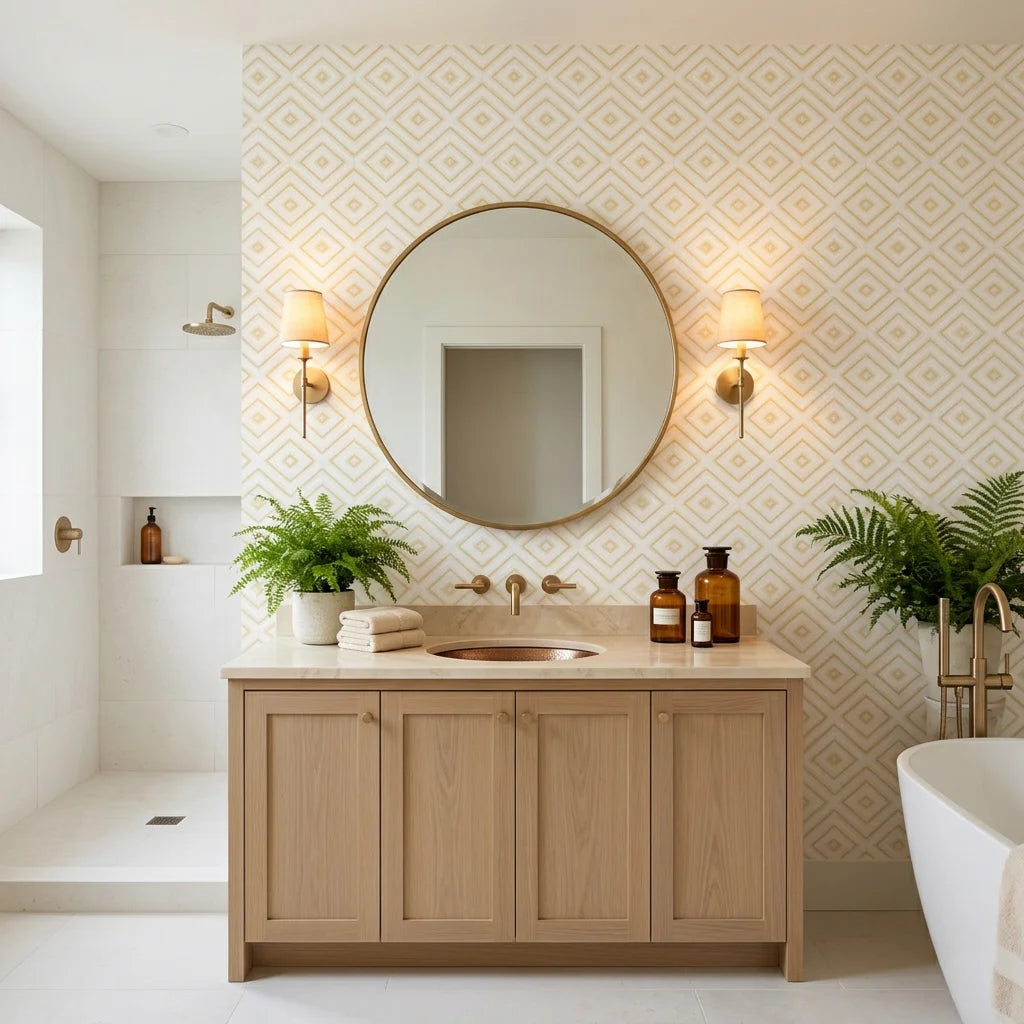 Cream and gold Golden Echo geometric diamond wallpaper in modern spa bathroom with brass fixtures