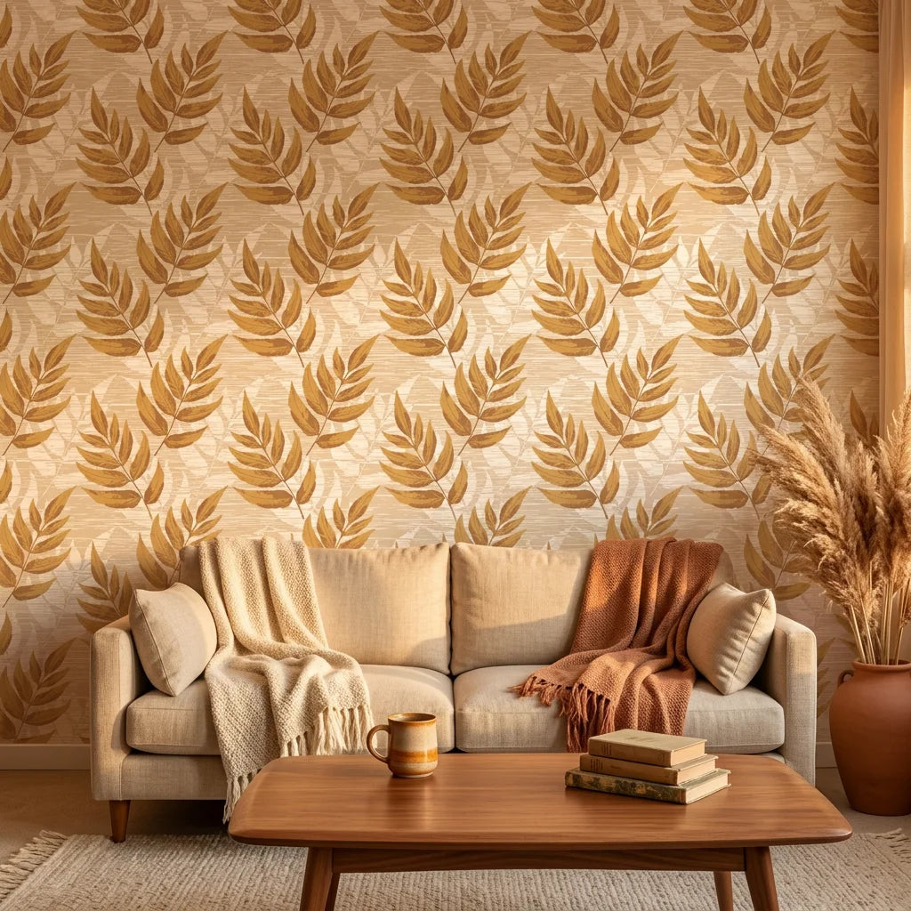 Golden Fern botanical wallpaper with warm tan leaf motifs on textured beige living room accent wall
